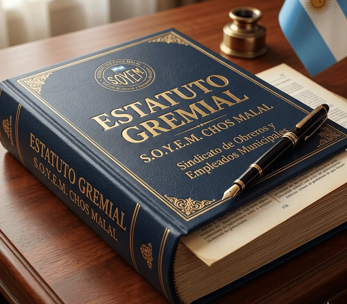 Libro del Estatuto Gremial de S.O.Y.E.M. junto a una lapicera y la bandera argentina